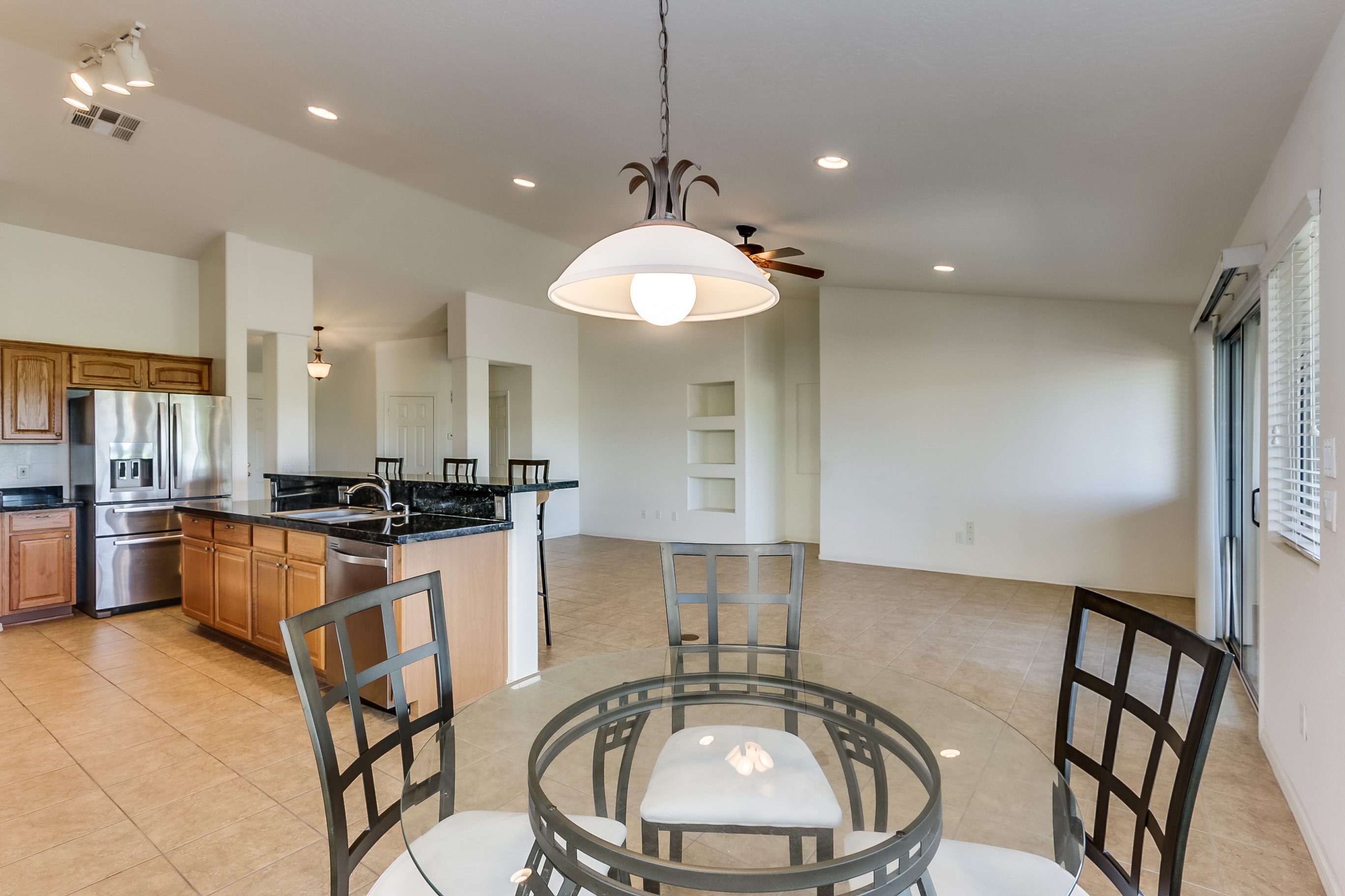 Dining Area, Kitchen, Living room,Tile Flooring, Recessed lighting,