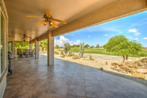 tiled patio, outdoor ceiling fans & lights, golf course views, pond